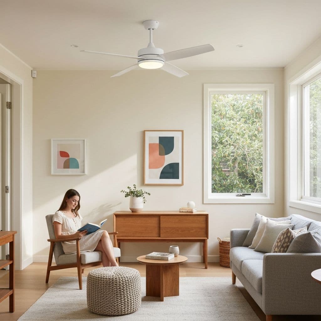 Electrician installing ceiling fan in alfresco area