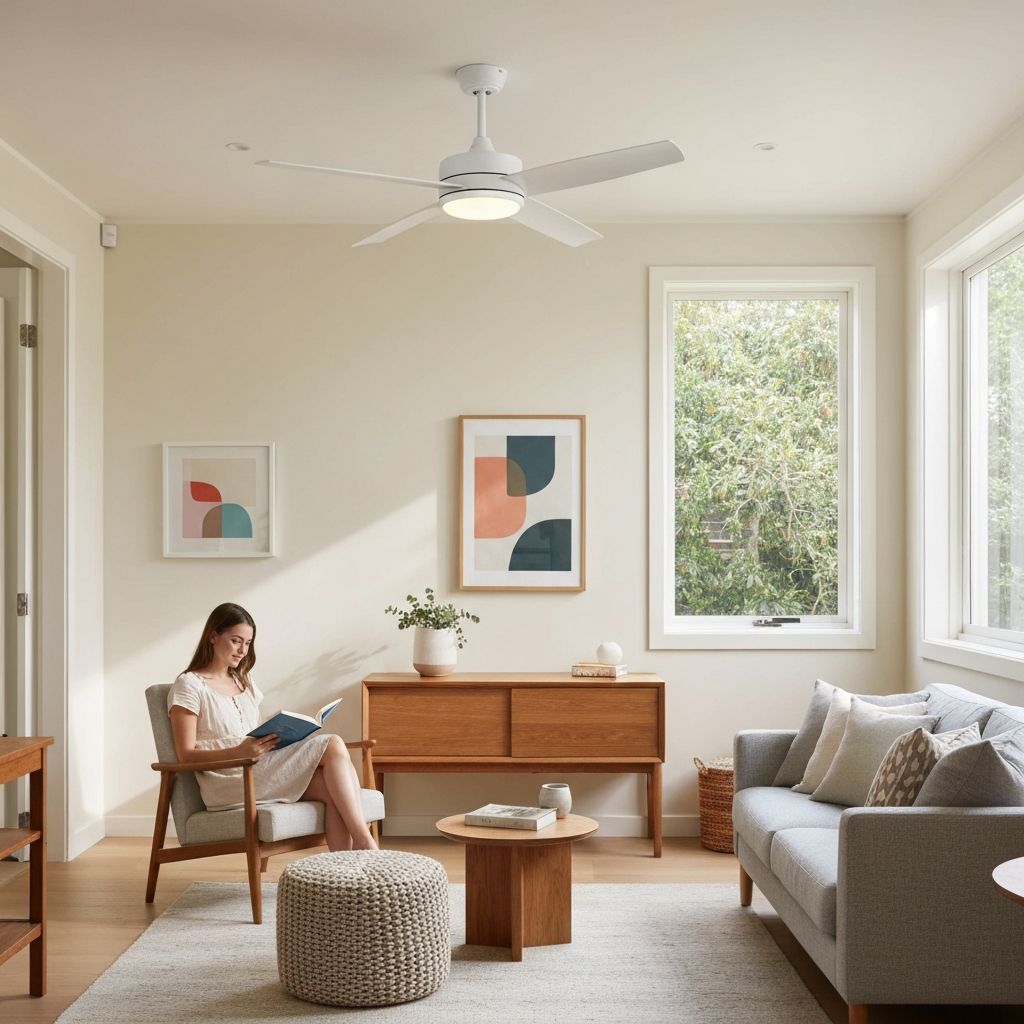 Electrician installing ceiling fan in alfresco area